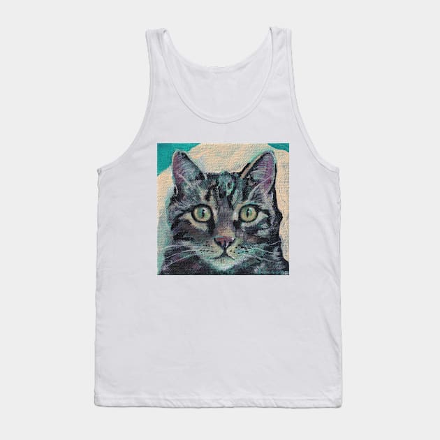 Tiger Cat on Teal Tank Top by HelenDBVickers